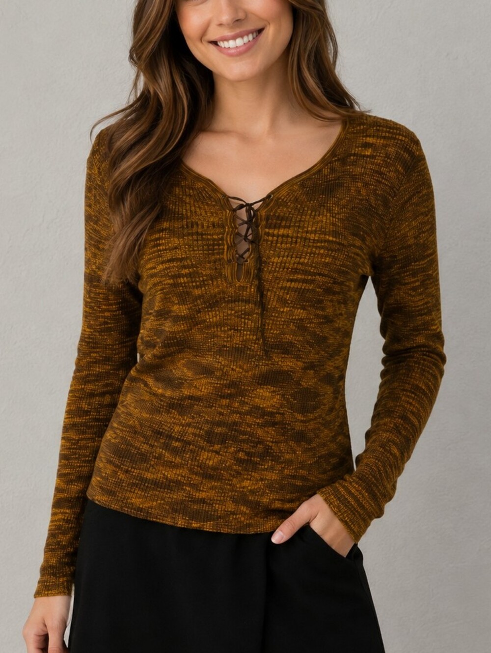 MUSE Silk Lace-Up Marled Knit Long Sleeve Sweater